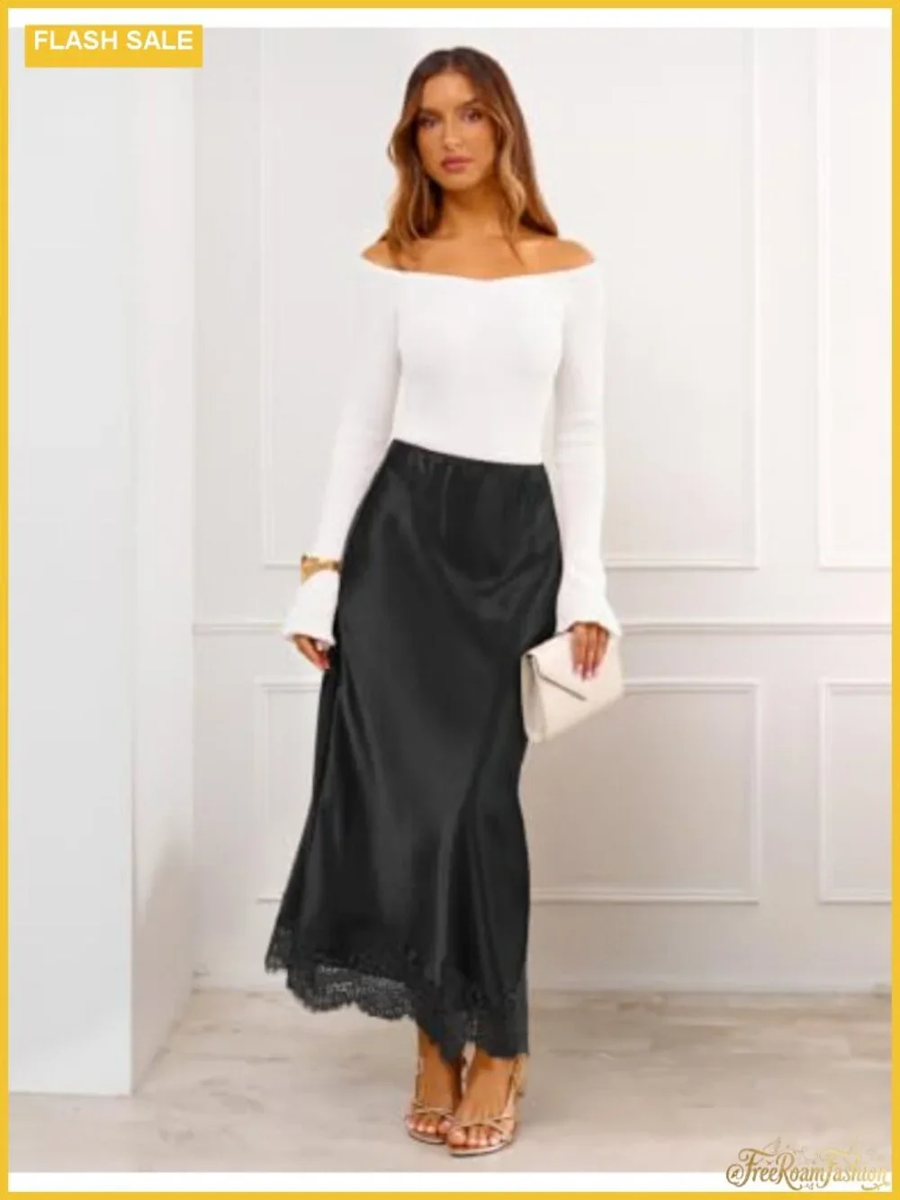 Satin Lace Trim Mermaid Fishtail Maxi Skirt High Waist Flowy